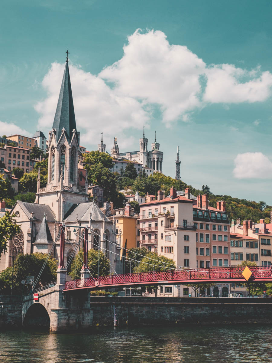 View of Basilica of Notre Dame from river Saone in Lyon France.